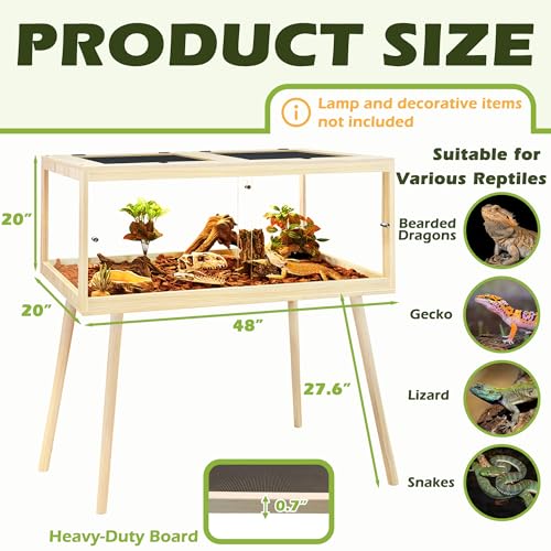 PROLEE Bearded Dragon Tank with Leg Stand 81 Gallons, Wooden Lizard Tank,Reptile Tank with Metal Mesh Roof Door, Acrylic Panel Snake Tank with Lock Design (Oak, 48"x20"x20") - color: Oak, size: 48"x20"x20"