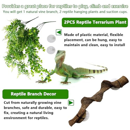 kathson Reptile Corner Branch & Hanging Plants Decor, Bearded Dragons Climbing Vine Branches,Tank Climb Branch with Terrarium Plant Accessories Ornament for Amphibians, Lizards, Snakes, Geckos, Frogs