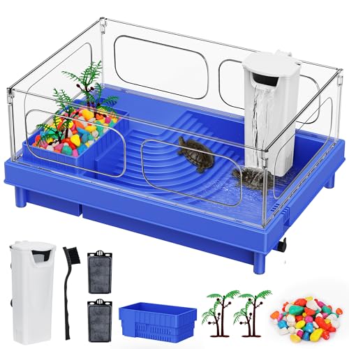 Turtle Tank Starter Kit with Filter, 10 Gallon Aquarium, Easy to Install & Clean, Basking, Feeding & Swimming Areas for Small Turtles - color: Blue, size: Tank+Filter