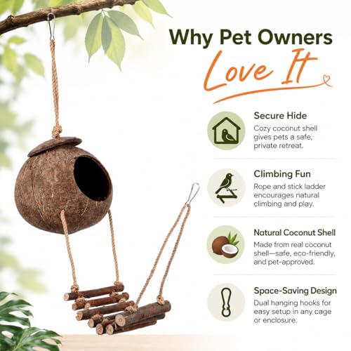 IMIKEYA Reptile Hide Coconut Cave, Natural Hanging Shell Hut with Rope Ladder for Crested and Leopard Gecko, Lizard Tank Hideout Decor for Small Reptiles and Hermit Crabs