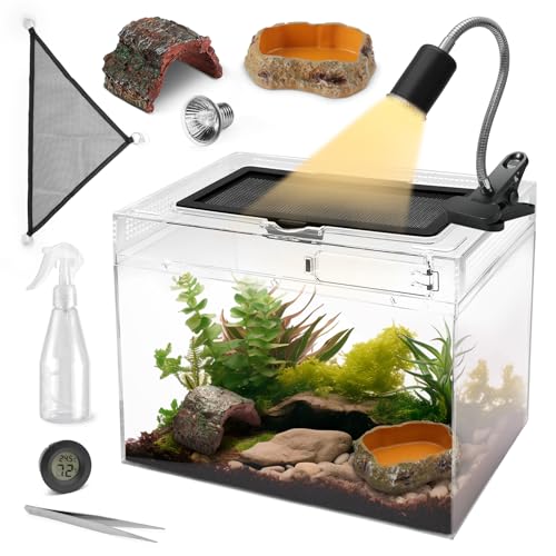 AZV Reptile Tank Starter Kit,8 Piece Escape Proof Hermit Crab Cage Small | All In One Lizard Terrarium,Multi-Vent Compatible Gecko Habitat,Clear PC Material Frog Enclosure,Easy-Clean Waterproof Base - size: Small(12*9*7IN)