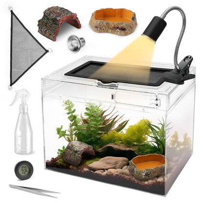 AZV Reptile Tank Starter Kit,8 Piece Escape Proof Hermit Crab Cage Small | All In One Lizard Terrarium,Multi-Vent Compatible Gecko Habitat,Clear PC Material Frog Enclosure,Easy-Clean Waterproof Base - size: Small(12*9*7IN)