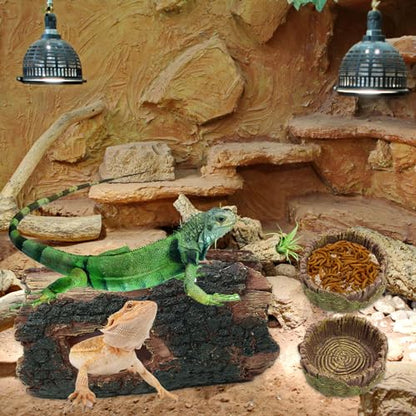 3 pcs Large Reptile Hide Cave Set with Food & Water Bowls. Natural Resin Hollow Tree Trunk Hideout. Reptile and Fish Tank Accessories for Geckos, Lizards, Snakes and Hermit Crabs