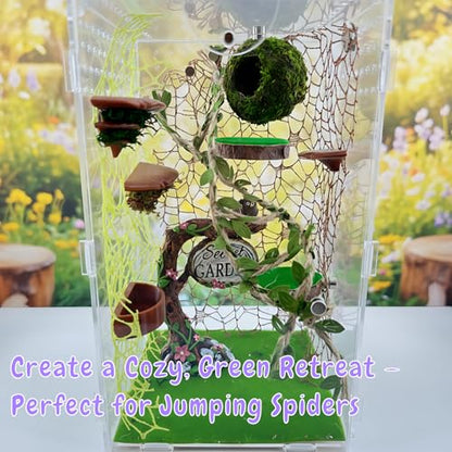 Jumping Spider Hideout, Habitat Decor— Handmade Moss Hideout & Hemp Rope Bridge, Fun Enclosure Accessories for Climbing & Hiding