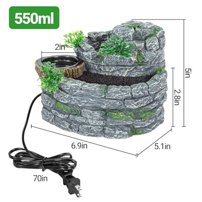 Reptile Water Fountain, Reptile Terrarium Waterfall Drinking Fountain with Food Dish for Bearded Dragon Lizard Leopard Crested Gecko Chameleon Frog