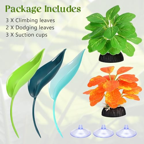 5pcs Crested Gecko Hide Leaf Reptile Wall Climbing Gecko Toy Tank Accessories Including Wall & Dodging Leaves Plastic Reptile Thank Decorations for Turtle Tree Frog Snake Terrarium
