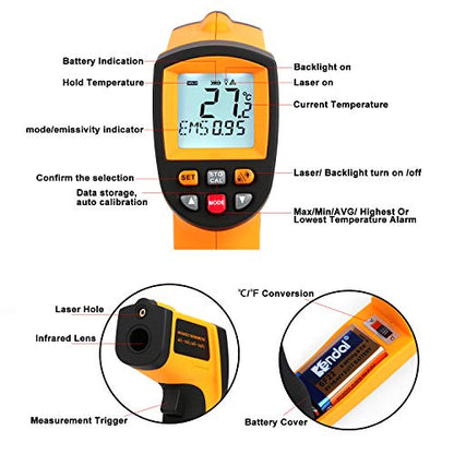 Laser Infrared Thermometer Gun - High Heat, Settable Temp Alarm, IR Temperature Reader -58F to 1742F, Industrial Surface Use - color: -58°F~1742°F