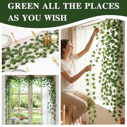 CEWOR Fake Ivy Vines for Room Decor 12pcs Fake Ivy Greenery Garland Wall Decor (Pothos)