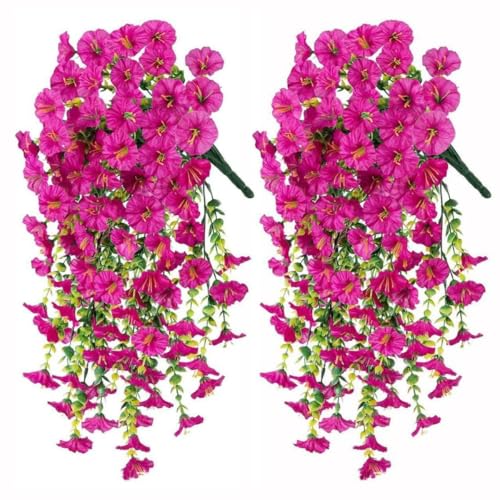 AirSun Artificial Morning Glory Flower Vines, 2pcs 60inch Hanging Plants Silk Garland Fake Green Plant Home Garden Wall Fence Indoor Outdoor Wedding Birthday Decor - color: Rosered