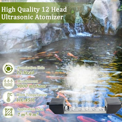 12 Head Ultrasonic Mist Maker Fogger Machine 9000ml/H, Industrial Humidifier Fog Machine 110V 400W, Ultrasonic Mister with Floats for Halloween Atmosphere Vegetable Preservation Landscape - size: 12 Head