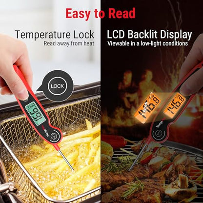 TempPro TP605 Instant Read Meat Thermometer for Cooking, Waterproof Digital Food Thermometer with Large Backlit LCD, Kitchen Thermometer for Grilling, Smoking & Candy Making (Previously ThermoPro) - color: Red