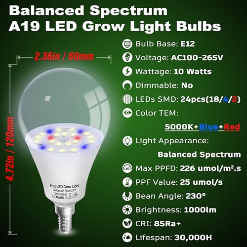 Candelabra LED Plant Grow Light Bulbs E12 Indoor Plants Full Spectrum,Small Base LED Sun Light Bulbs Plant Growing 100W Equivalent with Balanced Spectrum 5000K Red Blue for Seeds Greens Flower,1Pcs - size: E12