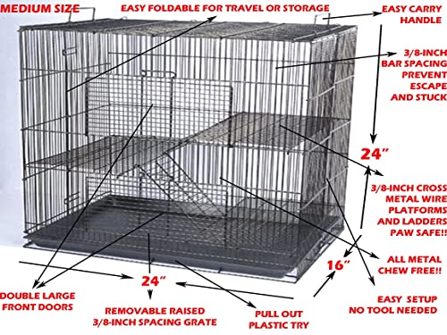 3-Levels Easy Portable Collapsible Ferret Chinchilla Sugar Glider Rats Mouse Animal Critter Bite-Proof Metal Carrier Travel Cage with Narrow 3/8-Inch Bar Spacing Easy to Setup No Tools Needed - color: Black