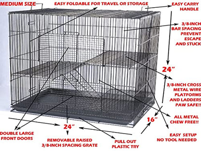 3-Levels Easy Portable Collapsible Ferret Chinchilla Sugar Glider Rats Mouse Animal Critter Bite-Proof Metal Carrier Travel Cage with Narrow 3/8-Inch Bar Spacing Easy to Setup No Tools Needed - color: Black