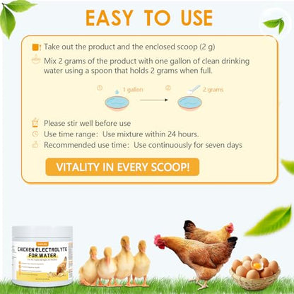 Yakucho Chicken Electrolytes for Water, Poultry Vitamins with Probiotics, Hydration, Immunity & Digestive Support, for Chicks, Adult Birds, Chickens, Ducks & Turkeys, 8.8oz Chicken Supplement Powder