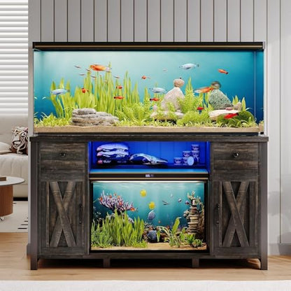 55-75 Gallon Fish Tank Stand with Power Outlet & LED Lights, Heavy Duty Aquarium Stand with Storage Drawers & Barn Doors, Reptile Tank Cabinet for Turtle, Reptile Terrarium, Dark Oak - color: Dark Oak