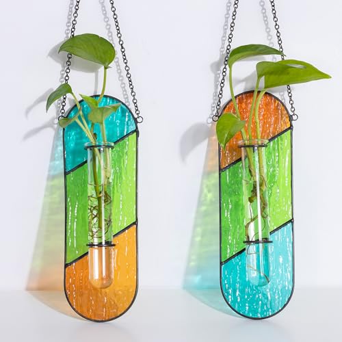 Hewory Stained Glass Plant Propagation Hanging 2 Pcs Propagation Station Planters for Window Wall Decor - Unique Hydroponic Propagated Plant Holder for Kitchen Gifts for Mom - color: Orange-green