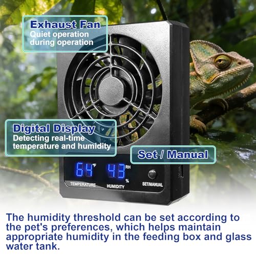 kathson Reptile Ventilation Fan with Humidity Sensor, Reptile Dehumidifier with LED Digital Thermometer for Reptile Enclosure and Terrarium, Terrarium Fan for Snake Bearded Dragon Gecko