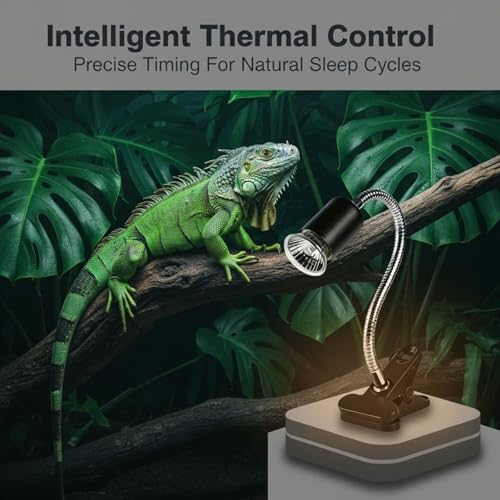 Black Reptile Heat Lamp, 13.8 in Flexible Gooseneck, Timed Dimming Switch, US Connector, Sturdy Plastic Clip, for Lizards, Tortoises, Other Terrarium Animals