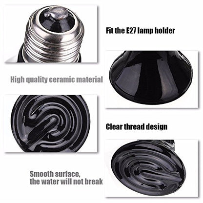 2-Pack 200W Reptile Ceramic Heat Lamp,E27 110V Infrared Heat Emitter Bulb,No Harm No Light Infrared Heat Emitter Brooder Lamp for Pet Coop Heater Reptile Chicken Turtle Heating Light Lamp,Black