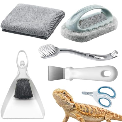 6-Piece Bearded Dragon Tank Cleaning Set, Reptile Enclosure Cleaning Tool Set with Bearded Dragon Nail Clippers&Cleaning Cloth, Brush, Scraper & Mini Dustpan for Lizard & Gecko Terrarium Maintenance