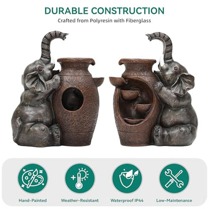 AUTODAYA 19" H Elephant Jar Outdoor Water Fountain, Rustic Farmhouse Water Feature with Tranquil Cascading Waterfall, Relaxing Garden Patio Yard Deck Kitchen Floor Tabletop Decor