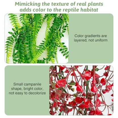 PINVNBY 8 Pack Reptile Plants Terrarium Hanging Fake Vines with Suction Cup Artificial Leaves for Bearded Dragons Lizards Geckos Snake Hermit Crab (4PCS Green, 2PCS Purple and 2PCS Red) - color: 8pcs (4 X Green, 2 X Purple, 2 X Red)