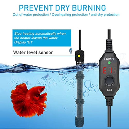 YukiHalu Small Submersible Aquarium Heater, Adjustable Mini Fish Tank Heater 25W 50W 100W 200W 300W with External Temperature Controller, LED Display, Used for 5/10/20/40/60 Gallons (200 Watts) - size: 200 Watts