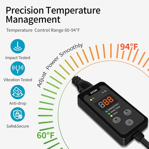 SYSAI Temperature Controller for Reptile Tank, Heat Mat, Seed Germination, Greenhouse, Brooder, Home Brewing, 100W-1A, Digital Thermostat, °F/°C Display, 60-94°F