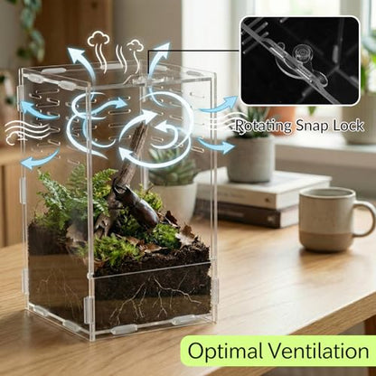 9.8 Inch Jumping Spider Enclosure, Desktop Micro Terrarium, Breeding Box, 360° Clear Acrylic Insect Habitat, 3-Side Ventilation, Easy Assembly, for Mantis, Tarantula, Snail, Small Reptiles, Plants