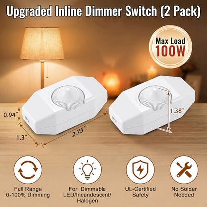 2 Pack Upgraded Inline Dimmer Switch for Lamp Cord, Full Range Rotary Dimmer Switch for Lamps & Pendant Lights, UL Certification, No Solder for Dimmable LED, Incandescent & Halogen Bulbs (White)