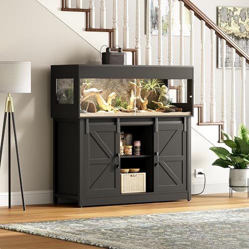Herture 60 Gallon Reptile Terrarium with Stand, Terrarium Enclosure with Acrylic Doors, Storage Cabinet with Barn Door, Mesh Lid & Power Outlet – Vivarium Habitat for Medium Reptiles Black PX05RTB - color: Black, size: 60 Gallon