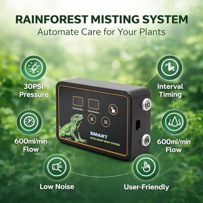 Rainforest Tank Timer Misting System with 360° Adjustable Nozzles, Quiet Touch Control, DC 5V, UK Plug - Smart Timing, Automatic Mist, Ideal for Reptile Humidity Control
