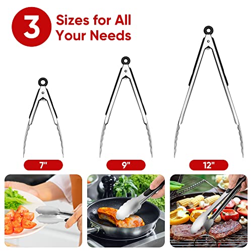 Stainless Steel Tongs Set, Food Grade Stainless Steel Kitchen Tongs, Heat Resistant 600 Degrees, for Cooking, BBQ Barbecue, Grilling, Buffet, Serving (7"+9"+12") | For Cooking/Serving/Grilling | Heat-Resistant | Dishwasher Safe - size: 7"+9"+12"