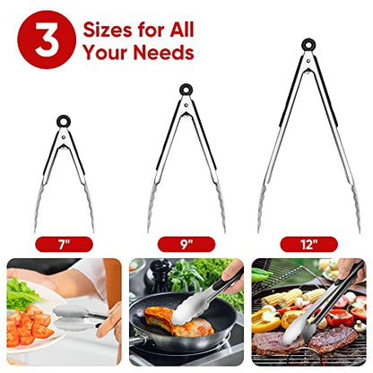 Stainless Steel Tongs Set, Food Grade Stainless Steel Kitchen Tongs, Heat Resistant 600 Degrees, for Cooking, BBQ Barbecue, Grilling, Buffet, Serving (7"+9"+12") | For Cooking/Serving/Grilling | Heat-Resistant | Dishwasher Safe - size: 7"+9"+12"