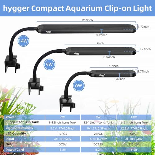 hygger 8-19 Gallon Clip-on Aquarium Light with White Blue Red LEDs Fish Tank Lighting Built-in Timer 5 Brightness Levels 14W - size: 14W