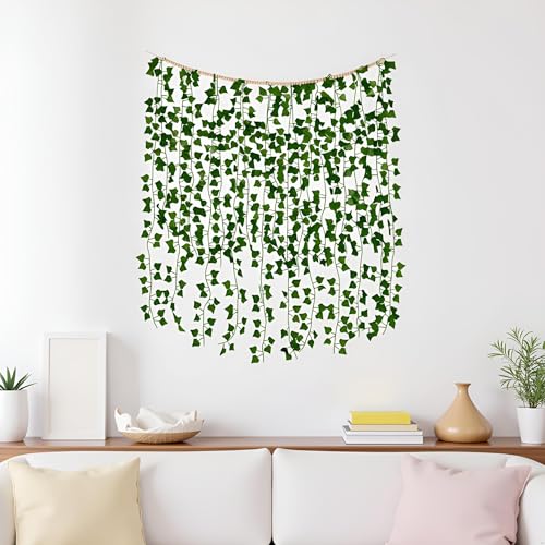 Mkono Hanging Fake Vines for Bedroom Wall Decor Artificial Plant Leaves with Wood Beads Set Indoor Greenery Ivy Garland for Living Room Apartment Christmas Wedding Party Teen Girl Room - size: Medium