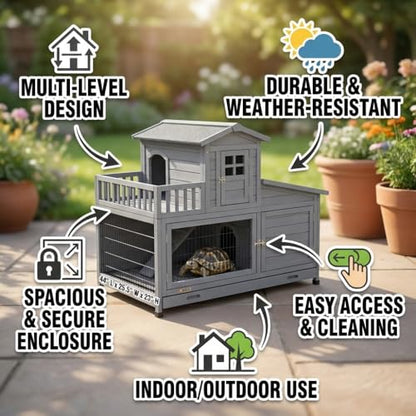 3-Room Tortoise Habitat House with Large Tortoise Habitat Balcony and 2 Stories, Reptile Enclosure for Indoor Tortoise Habitat Outdoor Use, Tortoise Enclosure Spacious Gray Turtle