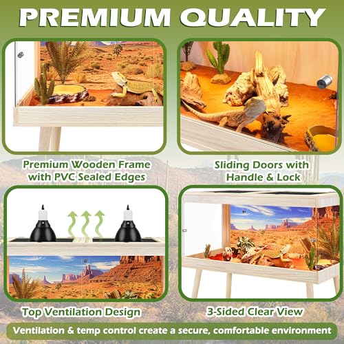ROYXEN Bearded Dragon Tank with Leg Stand,64 Gallon Tempered Glass Reptile Tank with Metal Mesh Top, 3-Side Clear Anti-Scratch Glass Lizard Tank,Snake Tank for Reptile Habitat (Oak,40" Length) - color: Oak, size: 64Gal,40x20x20inch