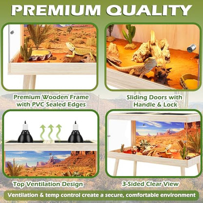 ROYXEN Bearded Dragon Tank with Leg Stand,64 Gallon Tempered Glass Reptile Tank with Metal Mesh Top, 3-Side Clear Anti-Scratch Glass Lizard Tank,Snake Tank for Reptile Habitat (Oak,40" Length) - color: Oak, size: 64Gal,40x20x20inch