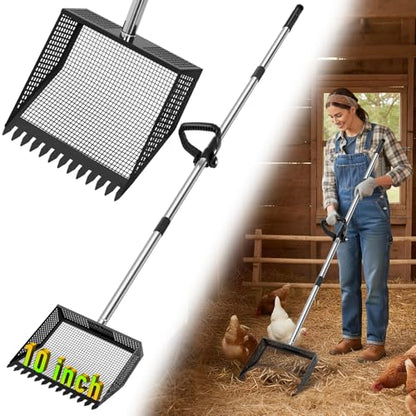 TOOGE Large Chicken Poop Scooper: 2-in-1 Metal Pooper Scooper & Rake Adjustable 62" Long Handle Stainless Steel Sand Sifting Litter Shovel Chicken Coop Scoop Cleaning for Bedding Goats Bright Black - color: Bright Black