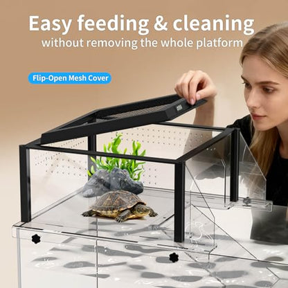 Upgraded Turtle Basking Platform for Aquatic Turtles with Temp & Humidity Gauge, Clear Acrylic Turtle Dock, Flip-Open Lid, Non-Slip Ramp & Escape-Proof, Fits 17–19" Aquariums - size: Fit 17-19 Inchs Wide
