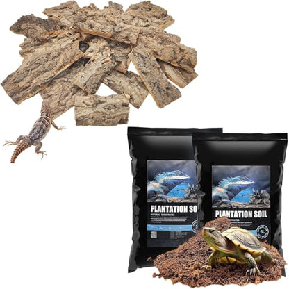 VCEPJH Reptile Bark Bedding Cork Bark for Reptiles Flat Cork Wood and Loose Coconut Fiber Substrate Coco Coir Reptile Bedding Tarantula Substrate Soil Habitat for Snake Bearded Dragon Spiders