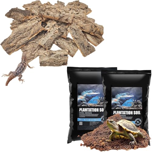VCEPJH Reptile Bark Bedding Cork Bark for Reptiles Flat Cork Wood and Loose Coconut Fiber Substrate Coco Coir Reptile Bedding Tarantula Substrate Soil Habitat for Snake Bearded Dragon Spiders