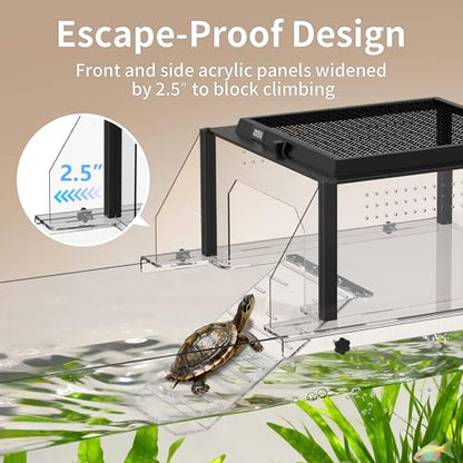 Turtle Basking Platform, Fits 10–13.5" Wide Tanks, Temp Humidity Gauge | Clear acrylic turtle dock with flip-open lid, non-slip ramp, and escape-proof design for aquatic turtles - size: Fit 10-13.5 Inchs Wide