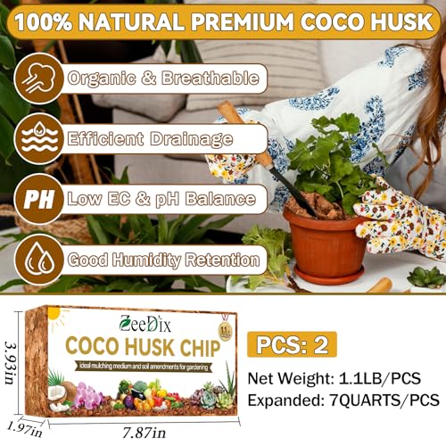 Zeedix 2 Pack Coco Husk Chips for Plants, 2.2LB | 100% Organic Coconut Chips Mulch with Low EC & PH Balance, Indoor Plant Flowers Herbs Vegetables, Reptiles Tanks Substrate - color: 2 pack