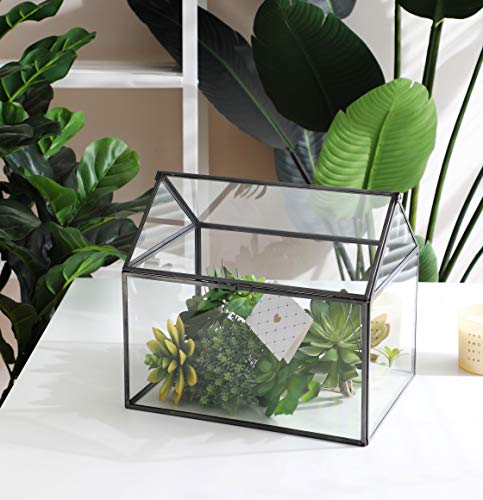 Large Glass Geometric Terrarium Container Tabletop Large Close House Shape Box Planter for Succulent Plant Moss Fern with Swing Lid Black Decor 12 x 9 x 10 inches, No Plants Included