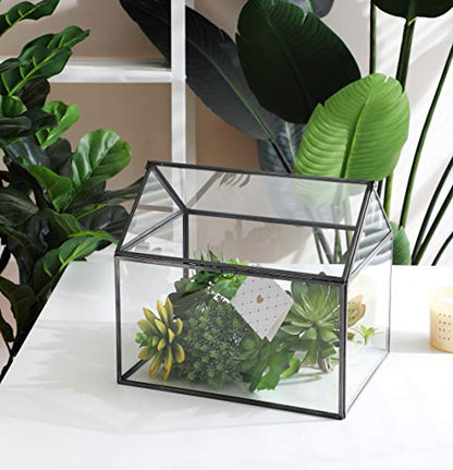 Large Glass Geometric Terrarium Container Tabletop Large Close House Shape Box Planter for Succulent Plant Moss Fern with Swing Lid Black Decor 12 x 9 x 10 inches, No Plants Included