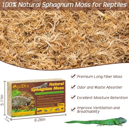 ZeeDix 6 OZ Long Fiber Sphagnum Moss for Reptiles, 8QT Natural Dried Terrarium Reptile Moss Bedding Substrate for Leopard Gecko, Tortoise, Snakes, Frogs, Ball Python & Other Reptiles - size: 6 OZ