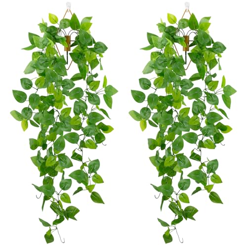 LOYWREE 2 Pack Artificial Hanging Plants with Wall Planter, Faux Pothos Vines Fake Hanging Plant, Plastic Greenery Wall Decor for Indoor Outdoor Home Office Garden Patio Bedroom Living Room Decor - color: Pothos-b, size: 2Pack
